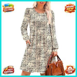 Long Sleeve Pleated Dress with Pockets, Empire Waist, Knee Length, Casual Wear